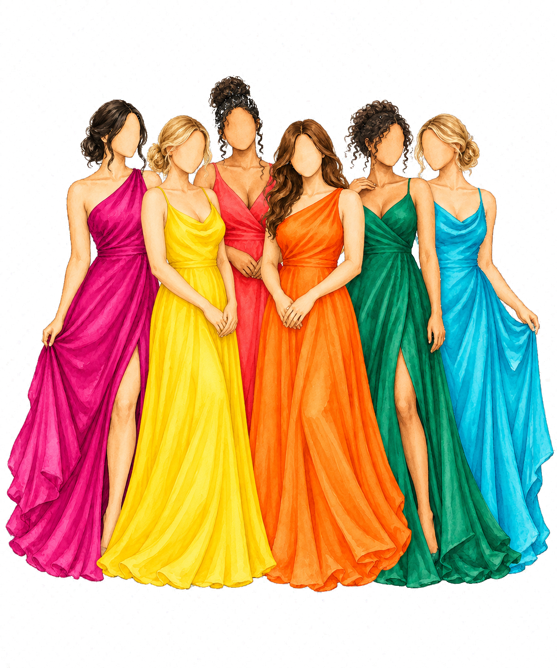 Ilustração em aquarela de seis madrinhas com vestidos longos e coloridos